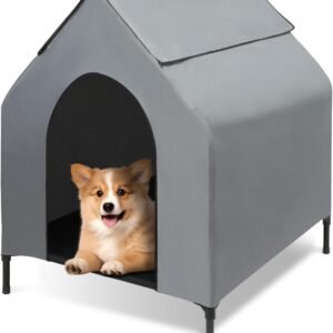 Dog House Outdoor, 2-in-1 Dog House for Small/Medium Dogs, Elevated Dog Bed with Canopy Weatherproof Puppy Shelter with Windows (Grey, 36 Inch)