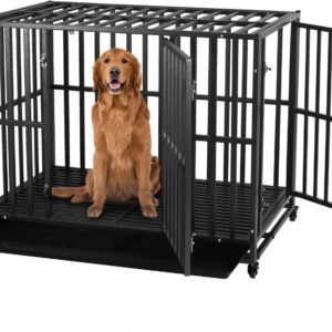Heavy Duty Dog Cage, 38 Inch Large Metal Crate with 2 Doors and 4 Wheels, Stackable Kennel for Large and Medium Dogs, Removable Tray