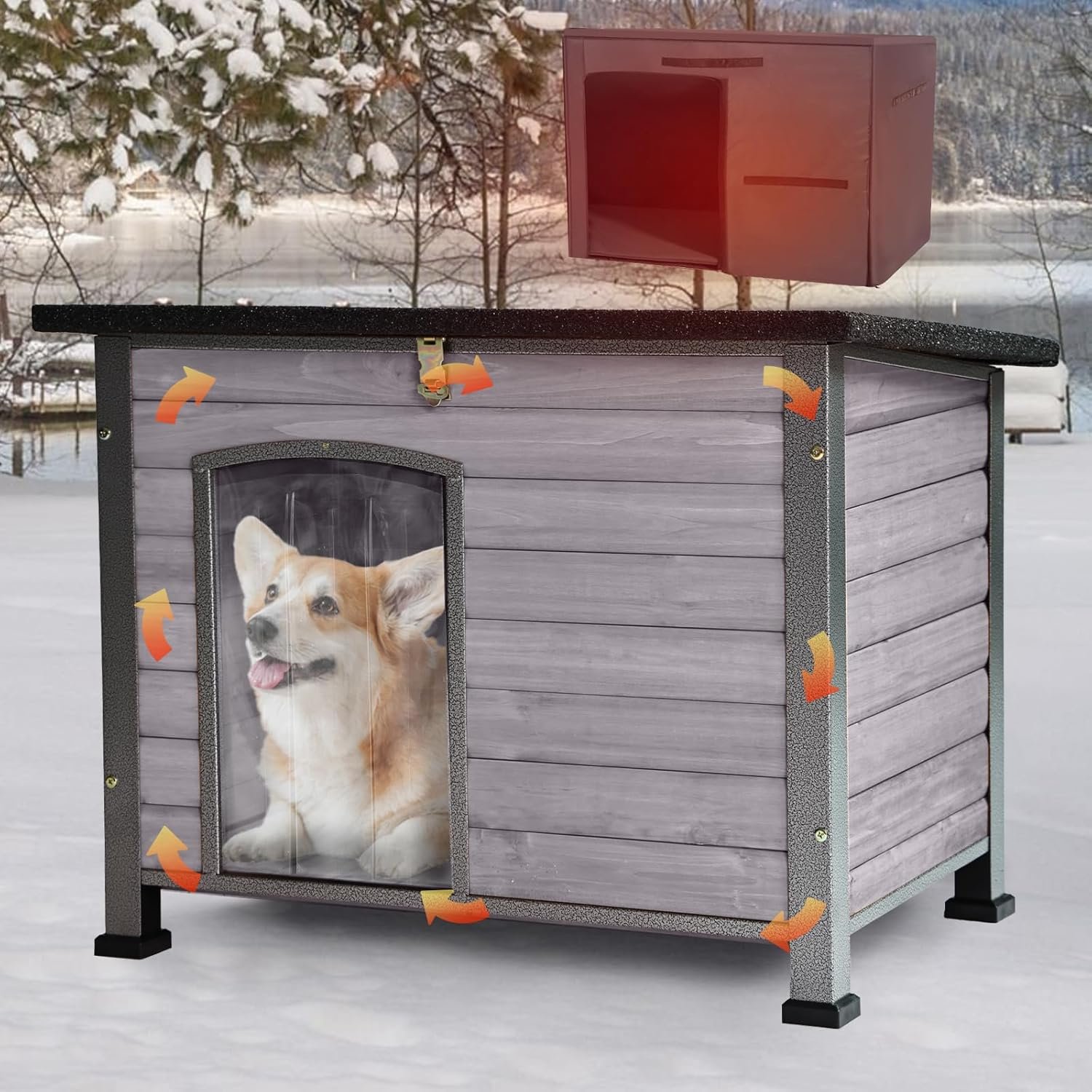 Dog House Outdoor & Indoor Wooden Dog Kennel for Winter with Raised Feet Weatherproof for Small & Medium & Large Dogs,Unique All-Around Iron Frame (Grey, M)