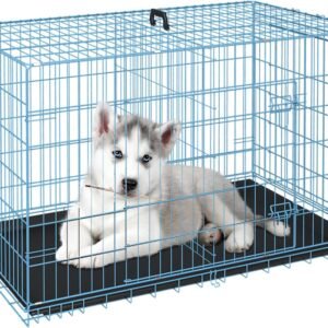 Dog Crate for Small Dogs 24 Inch Folding Metal WirePet Cage Double Door W/Divider Panel Indoor Outdoor Kennel Leak-Proof Plastic Tray,Blue