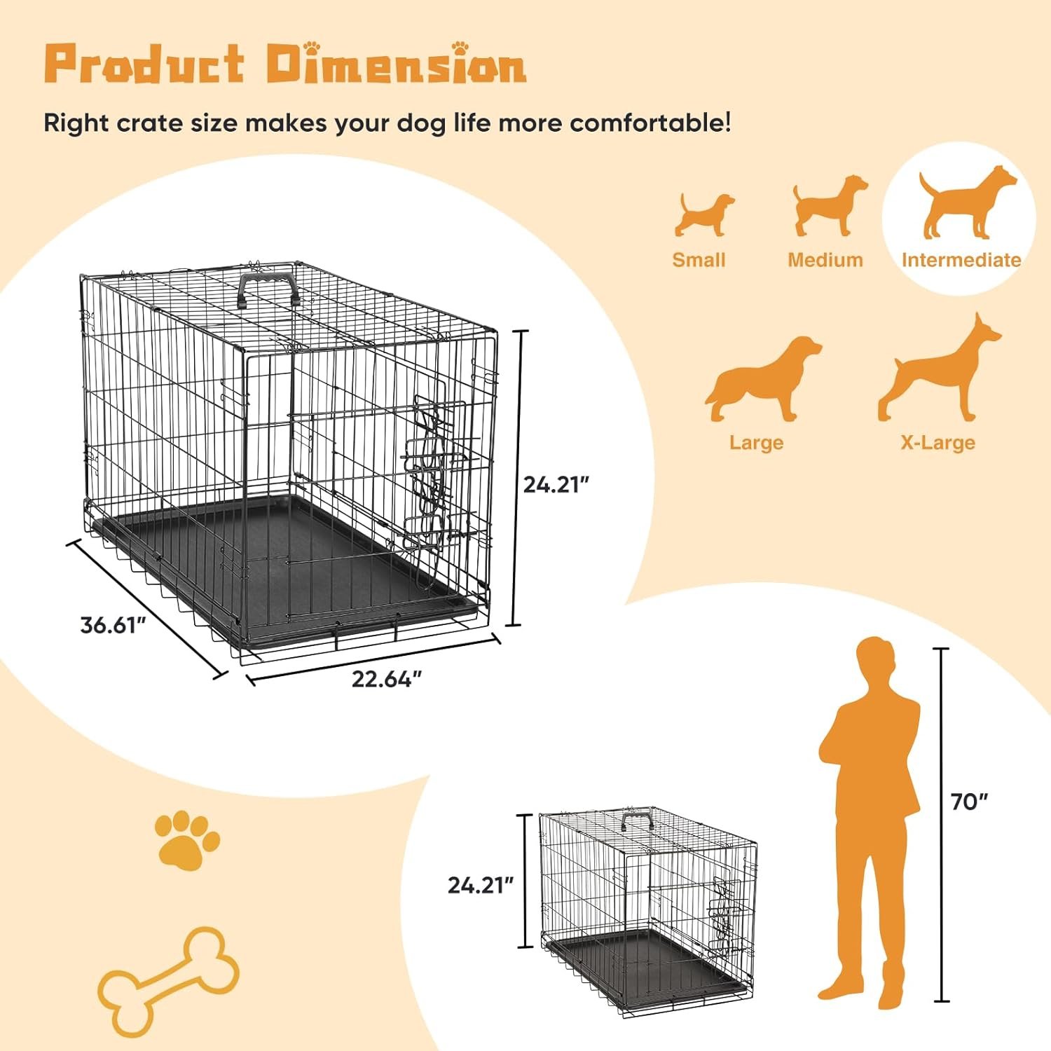 Dog Crate, 36 Inch Medium Double Door Dog Cage with Divider Panel and Plastic Leak-Proof Pan Tray, Folding Metal Wire Pet Kennel for Indoor, Outdoor, Travel - Image 2
