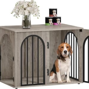 31.5'' Wooden Dog Crate Furniture, Indoor Dog Kennel Dogs Cage for Small/Medium Dogs, Heavy Duty Dog Crates Decorative Pet House End Side Table TV Stand, Greige Black