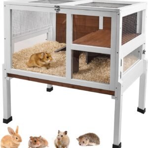 2-Story Guinea Pig Cage with Stand, Indoor Wooden Hamster Cage with Ramp, Pull-Out Tray, Hideout & Platform, Acrylic Transparent Small Animal Habitat for Chinchillas, Ferrets, Hedgehogs, Walnut