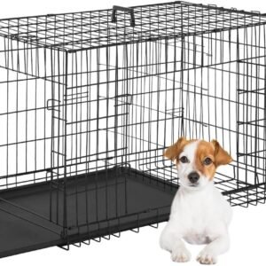 Dog Crate for Small Dogs 24 Inch Folding Metal WirePet Cage Double Door W/Divider Panel Indoor Outdoor Kennel Leak-Proof Plastic Tray,Black