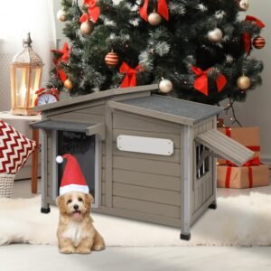 Dog House Outdoor Weatherproof Large Wooden Dog Kennel Indoor with Chew-Proof Iron Frame, Removable Floor, and Adjustable Window for Large and Medium Dogs (Grey, 34" D x 22" W x 26.5" H)