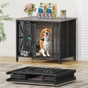 Foldable Dog Crate Furniture, 31.5" Dog Crates for Small/Medium Dogs, Wooden Dog Kennel Indoor with Tag & Adjustable Dog Bowls, Dog Cage Use as End Table/TV Stand, Oak Grey