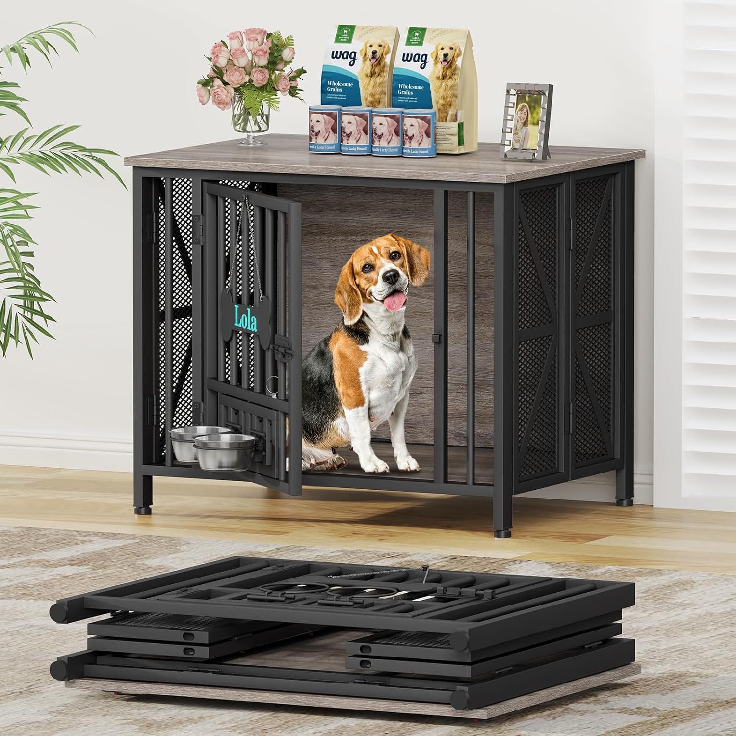 Foldable Dog Crate Furniture, 31.5" Dog Crates for Small/Medium Dogs, Wooden Dog Kennel Indoor with Tag & Adjustable Dog Bowls, Dog Cage Use as End Table/TV Stand, Oak Grey