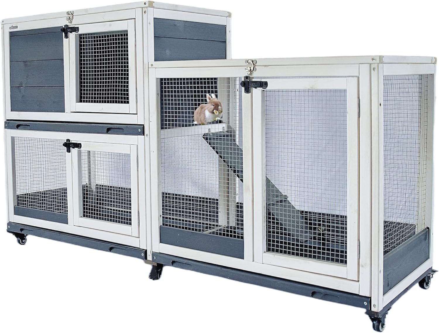 Indoor and Outdoor Wooden Cages for Pets,Rabbit Cage, 2-Story, with Wheels, Ramp, 2 Pull-Out Trays, Open Sun Panel Roof, for Rabbits, Guinea Pigs