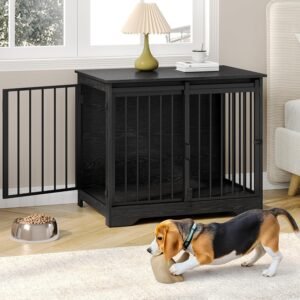31.9" Dog Crate Furniture with Barn Door, Heavy Duty Dog Kennel Indoor with 2 Doors, Wooden Pet Cage End Table for Small Medium Dogs up to 44 lb, Anti-Chew Anti-Escape, Black