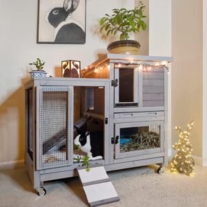 Rabbit Hutch Large Wooden Bunny House Guinea Pig Cages on Wheels, Two Trays, Indoor Outdoor