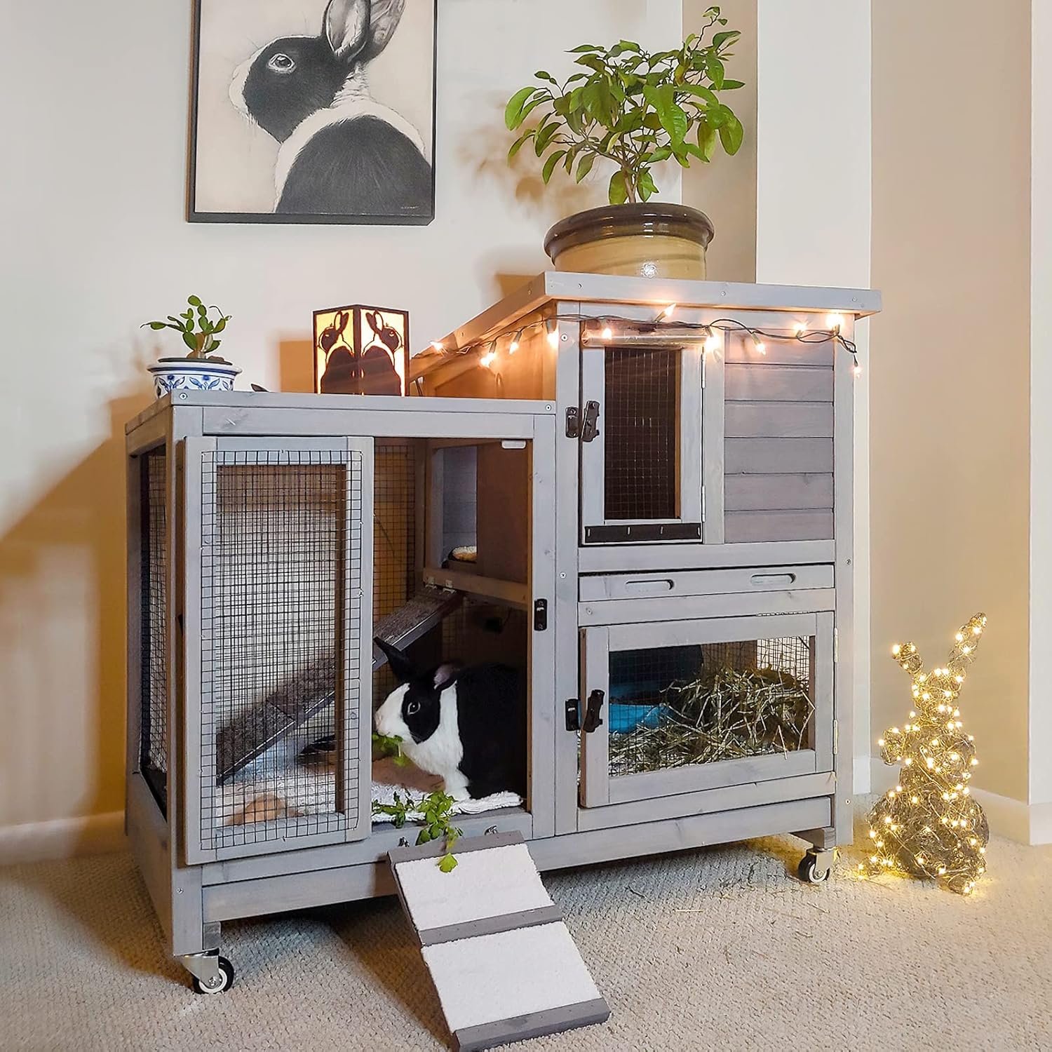 Rabbit Hutch Large Wooden Bunny House Guinea Pig Cages on Wheels, Two Trays, Indoor Outdoor