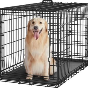 42 inch Double Door Dog Crate w/Divider for Puppy to Adult XL Collapsible Metal Crate with Removable Tray Wire Dog Kennel for Large Dogs Portable Travel Cage, Black