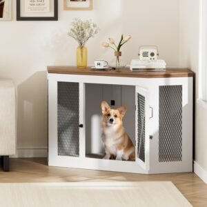 Corner Dog Crate Furniture, Wooden Dog Kennel End Table with Mesh, Cage/House for Small Medium Large Dog, Decorative Pet Crate Indoor Use