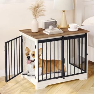 31.9" Dog Crate Furniture with Barn Door, Heavy Duty Dog Kennel Indoor with 2 Doors, Wooden Pet Cage End Table for Small Medium Dogs up to 44 lb, Anti-Chew Anti-Escape, White Brown