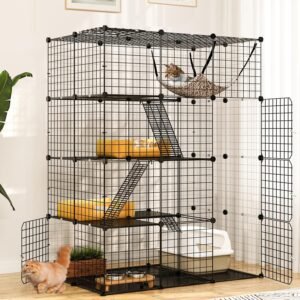 Large Cat Cage Indoor Enclosure Metal Wire 4-Tier Kennels DIY Cat Playpen Catio with Large Hammock for 1-3 Cats