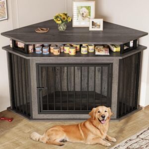 51" Corner Wooden Dog Crate Furniture with 2-Tier Shelves, Pet Kennel for Large Dogs, Space-Saving Dog Cage Indoor, Rustic Brown (26.7" L x 51.2" W x 33.5" H)